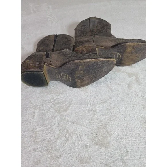 Roper Boots Women’s 6.5 Short Stuff Western Embroidery Snip Toe Brown Zip Ankle - Picture 6 of 8